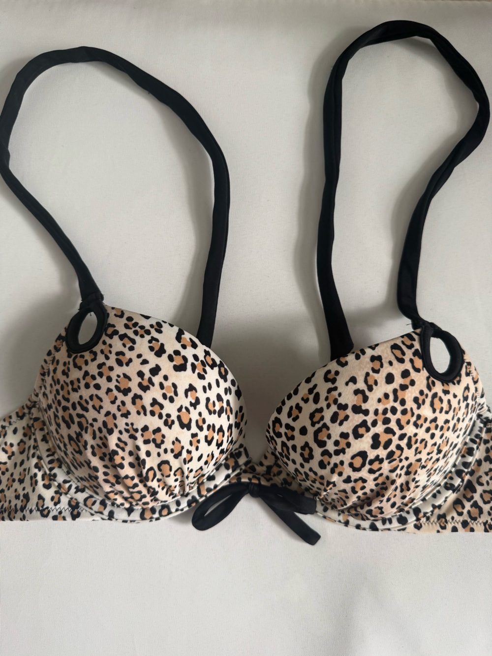 Victoria’s Secret Bikini Top 32A Leopard Print Underwire Padded Black Bow Swim